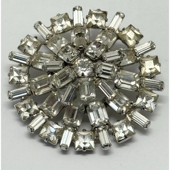 Vintage round glass rhinestone brooch pin